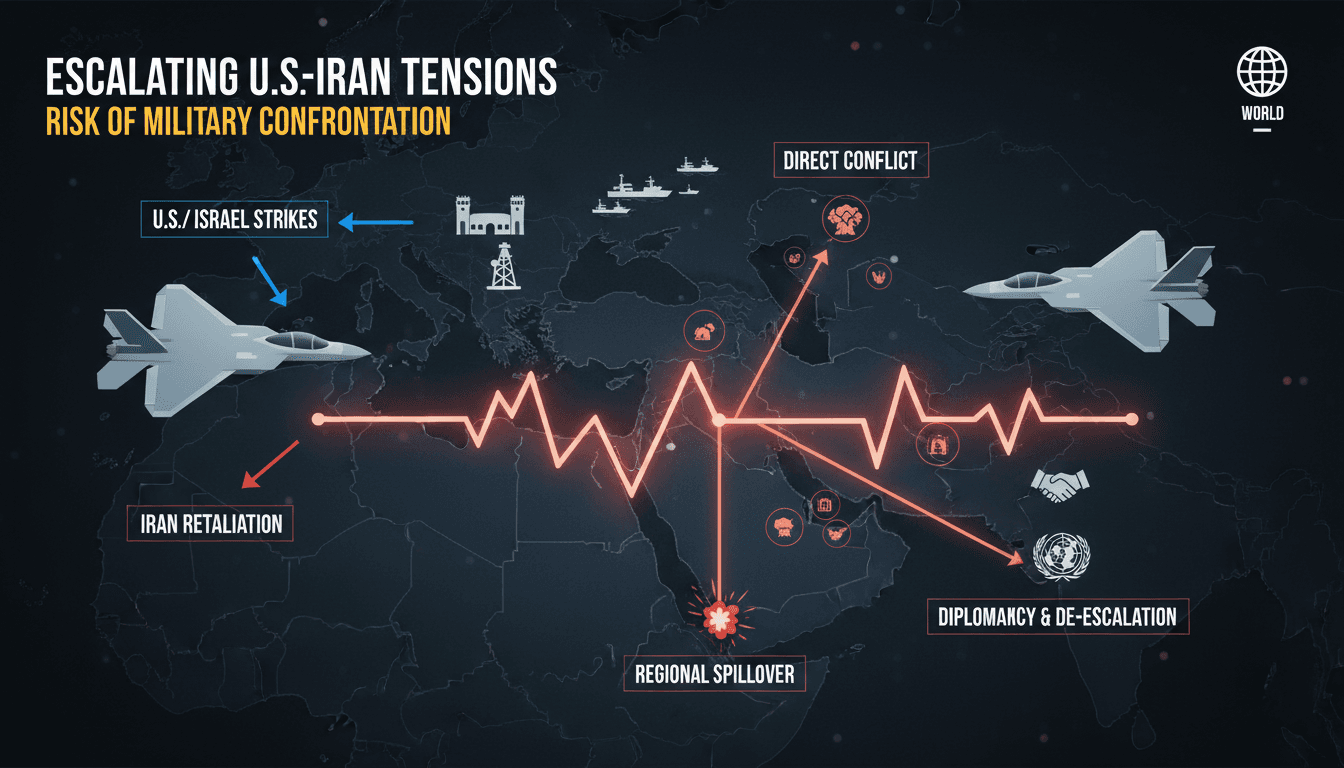 U.S. and Iran flags with military imagery representing rising tensions