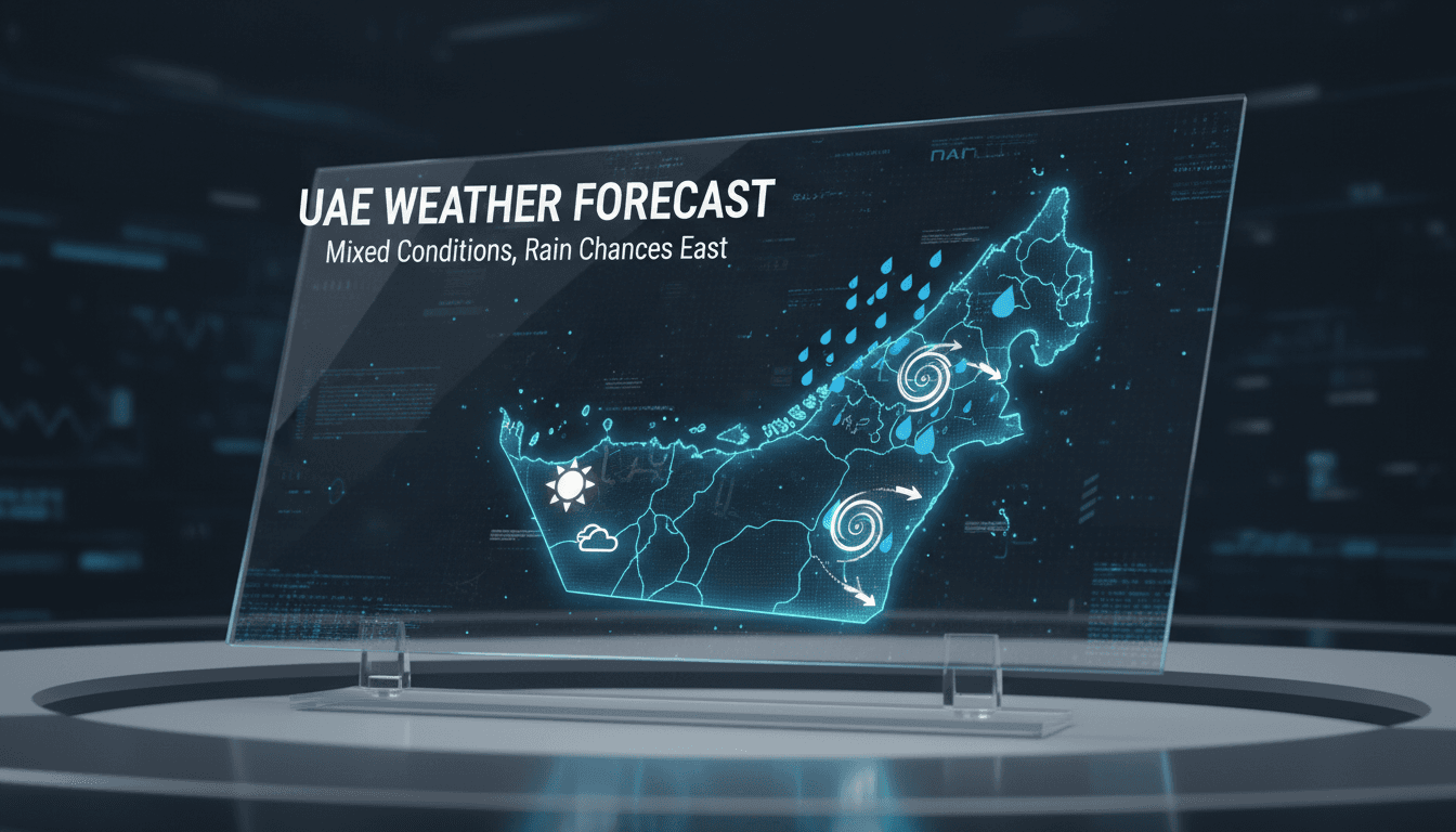 A weather map showing mixed conditions and rain chances in the UAE.
