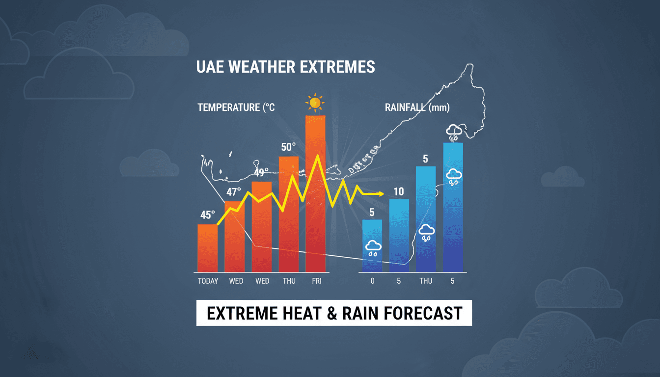 A weather map showing extreme heat and rain forecasts for the UAE.