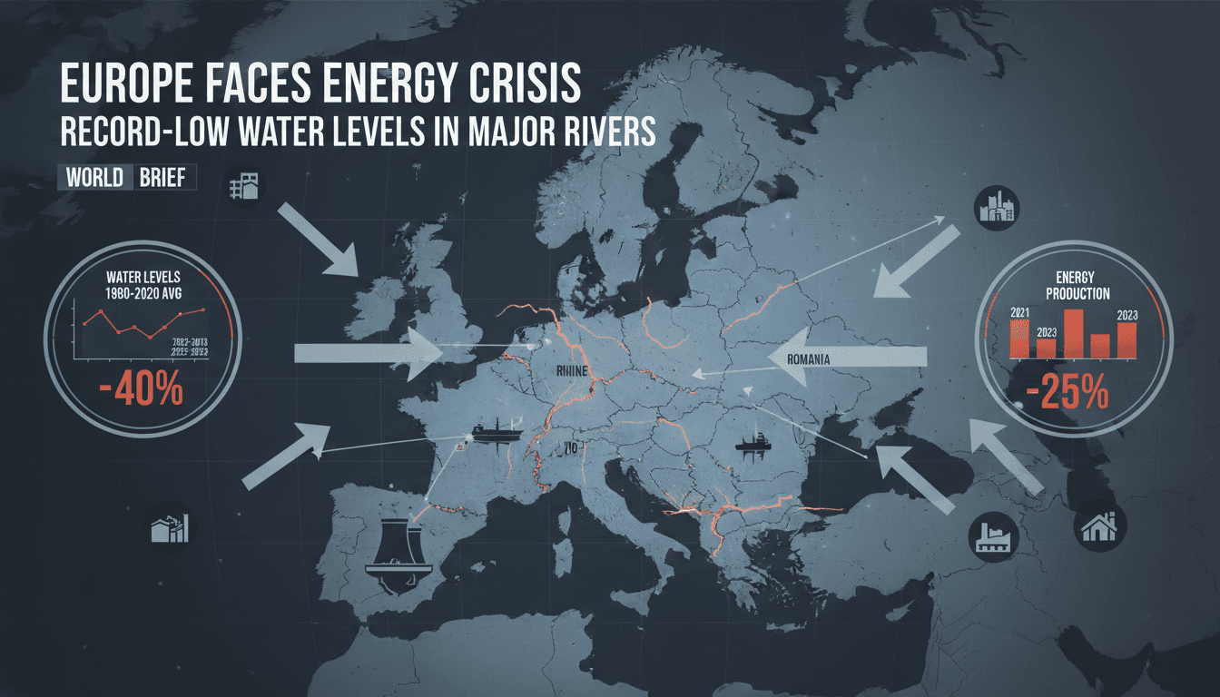 Aerial view of the Rhine River showing low water levels impacting shipping routes.