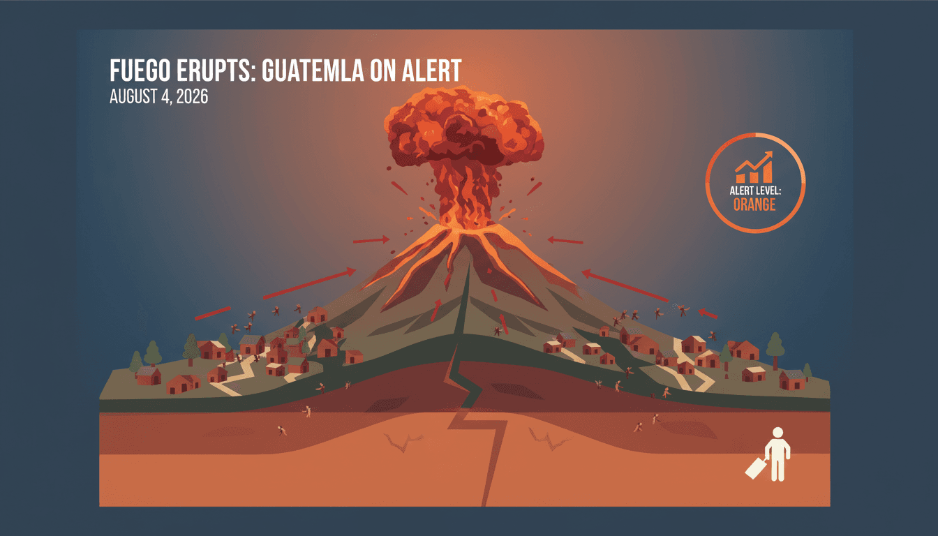 Eruption of Fuego volcano in Guatemala with ash and lava plume