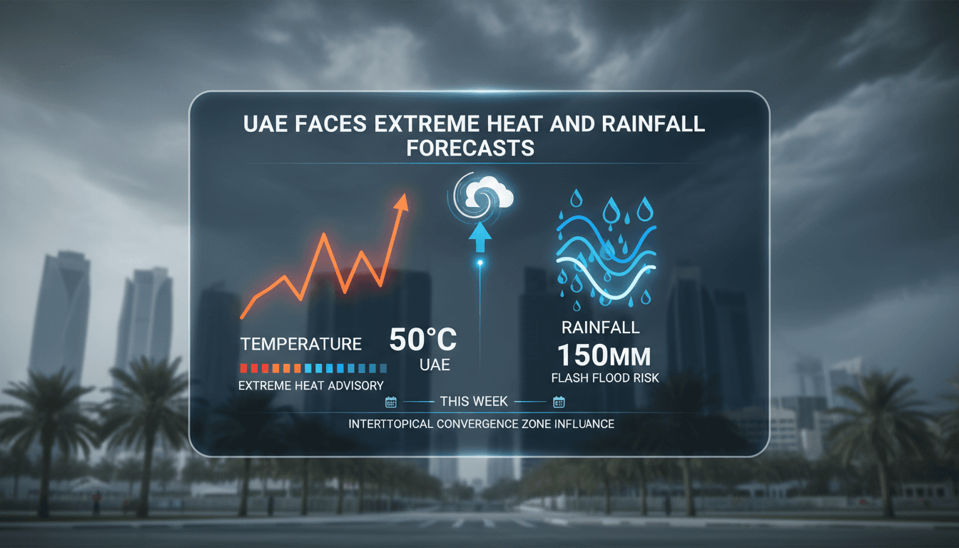 A weather map showing extreme heat and rainfall forecasts for the UAE.