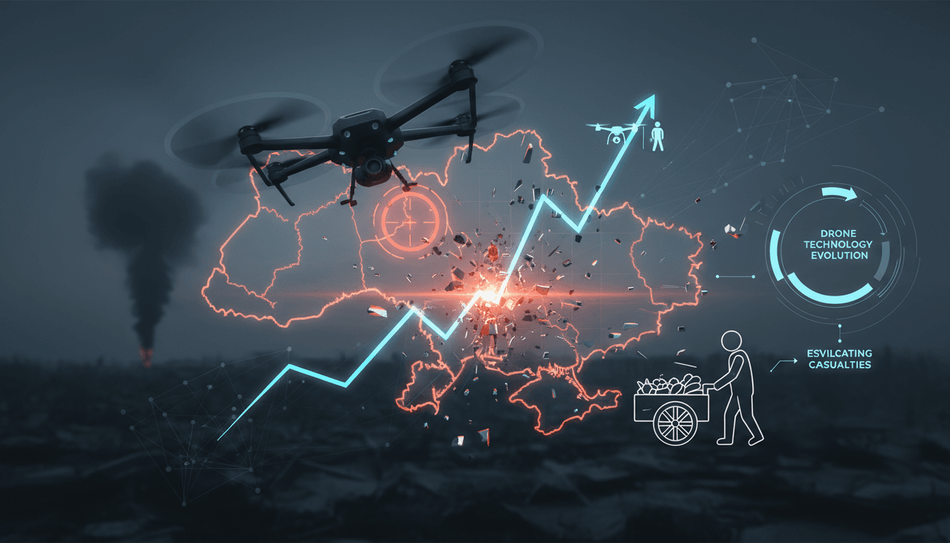 A drone hovering over a civilian area in Ukraine, symbolizing the rise of drone warfare.