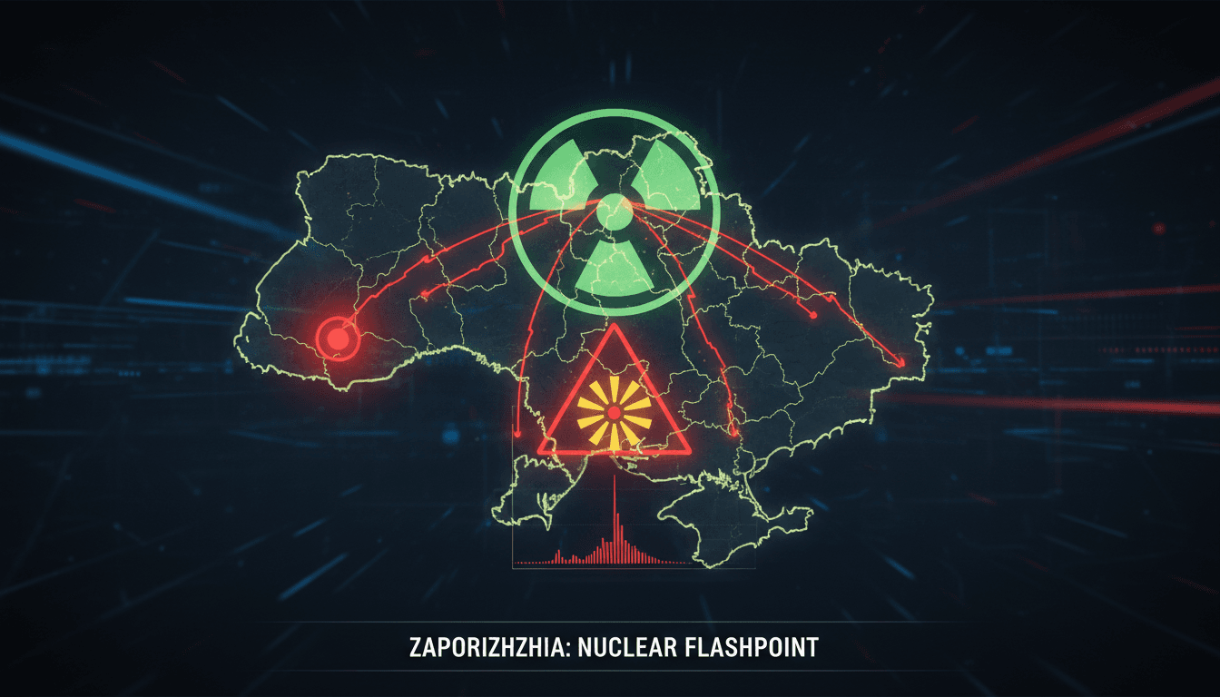 Aerial view of the Zaporizhzhia nuclear power plant amidst military conflict.