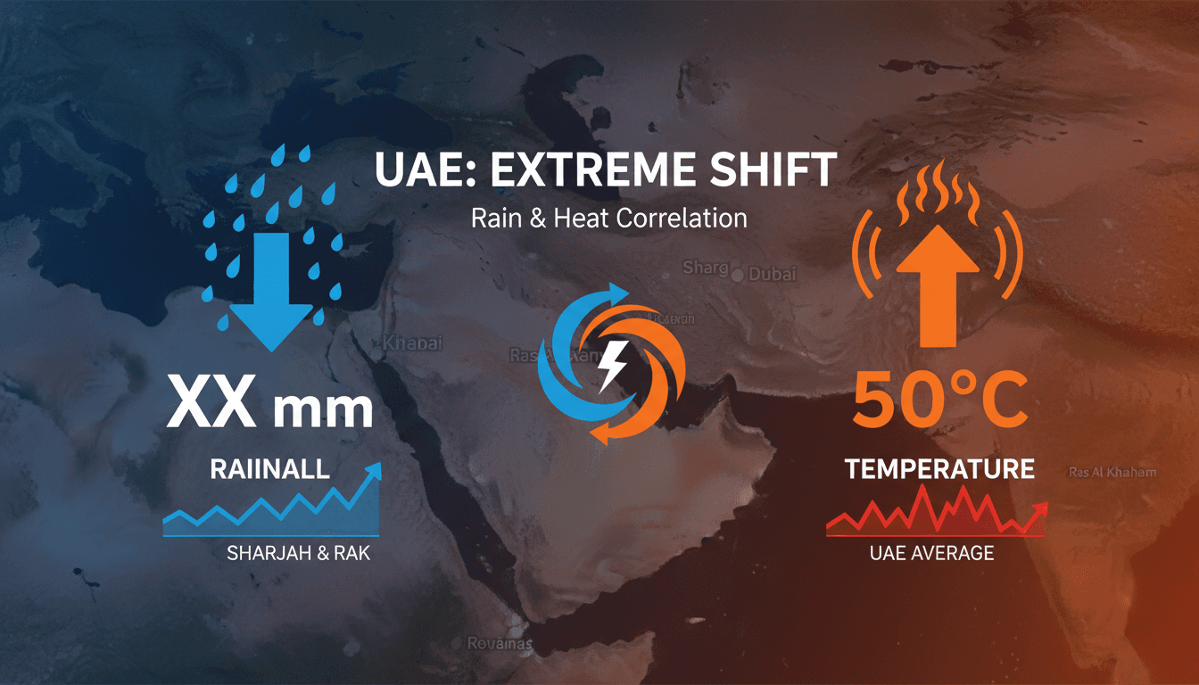A dramatic image showing heavy rain in the UAE with a temperature gauge indicating extreme heat.