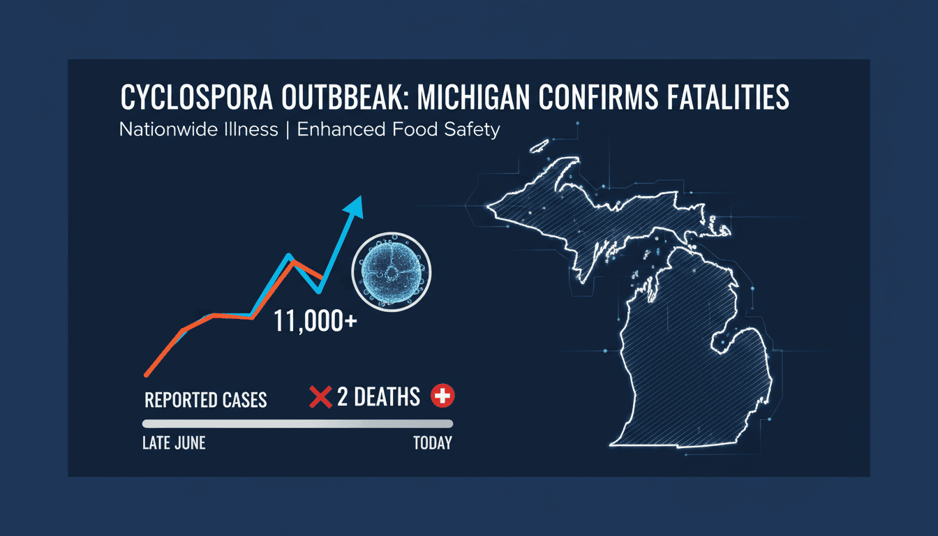 Cyclospora outbreak graphic showing affected areas and case numbers