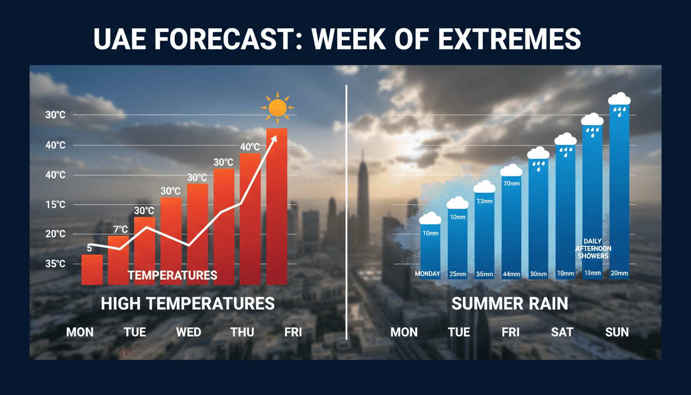 A weather forecast graphic showing rain and high temperatures in the UAE.