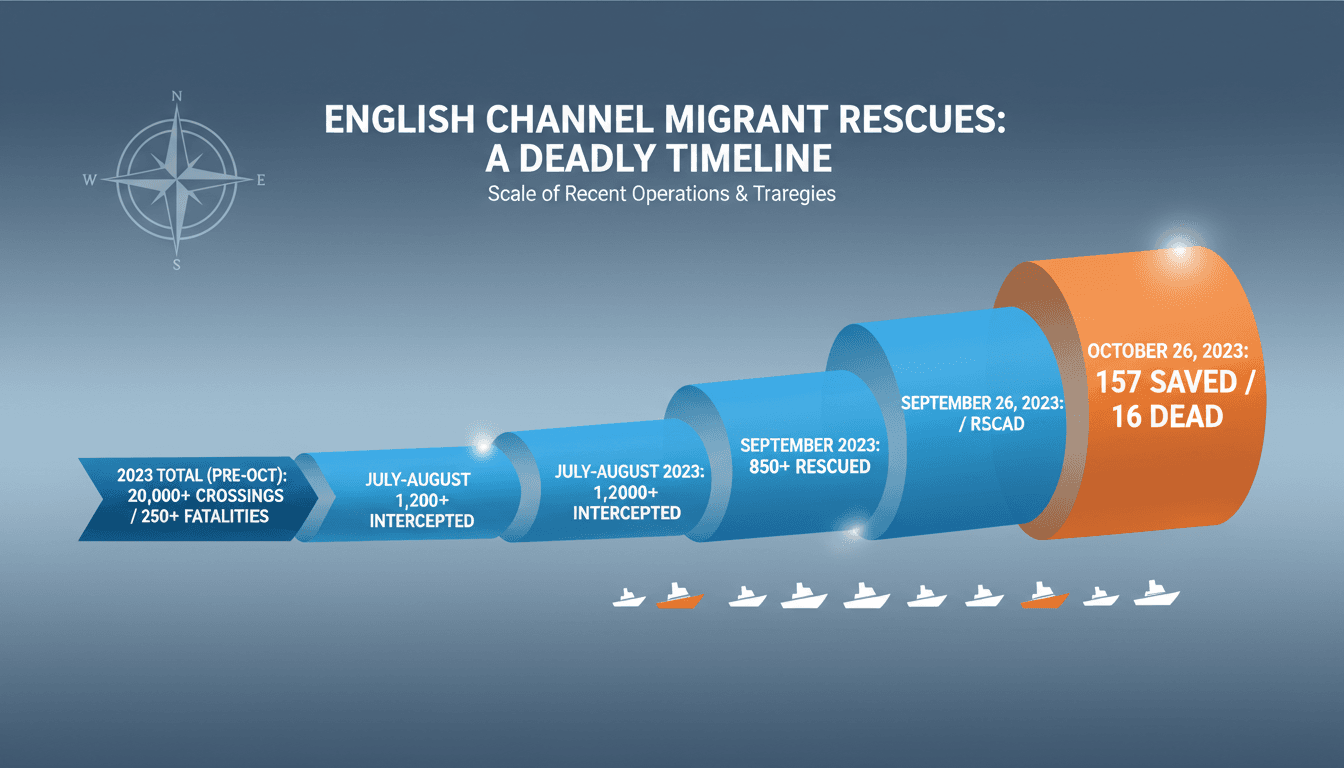 Rescue operation in the English Channel saving migrants from a capsized dinghy