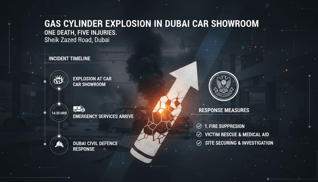 Emergency responders at the scene of a gas cylinder explosion in Dubai.