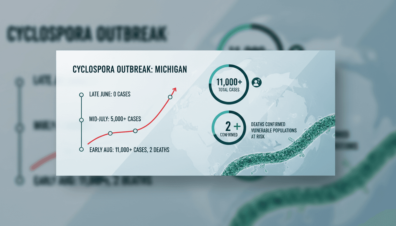 Cyclospora outbreak graphic showing case statistics and health warnings