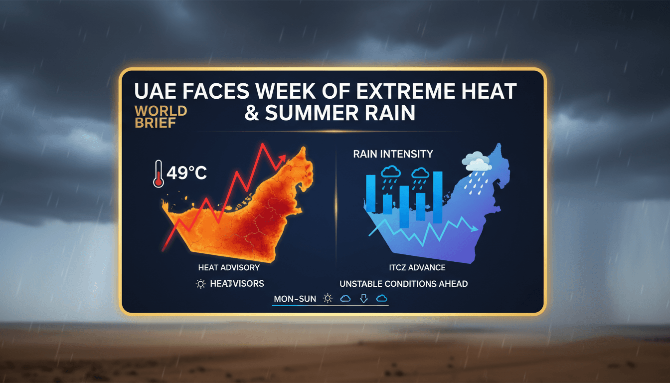 A weather map showing rainfall and temperature forecasts for the UAE.