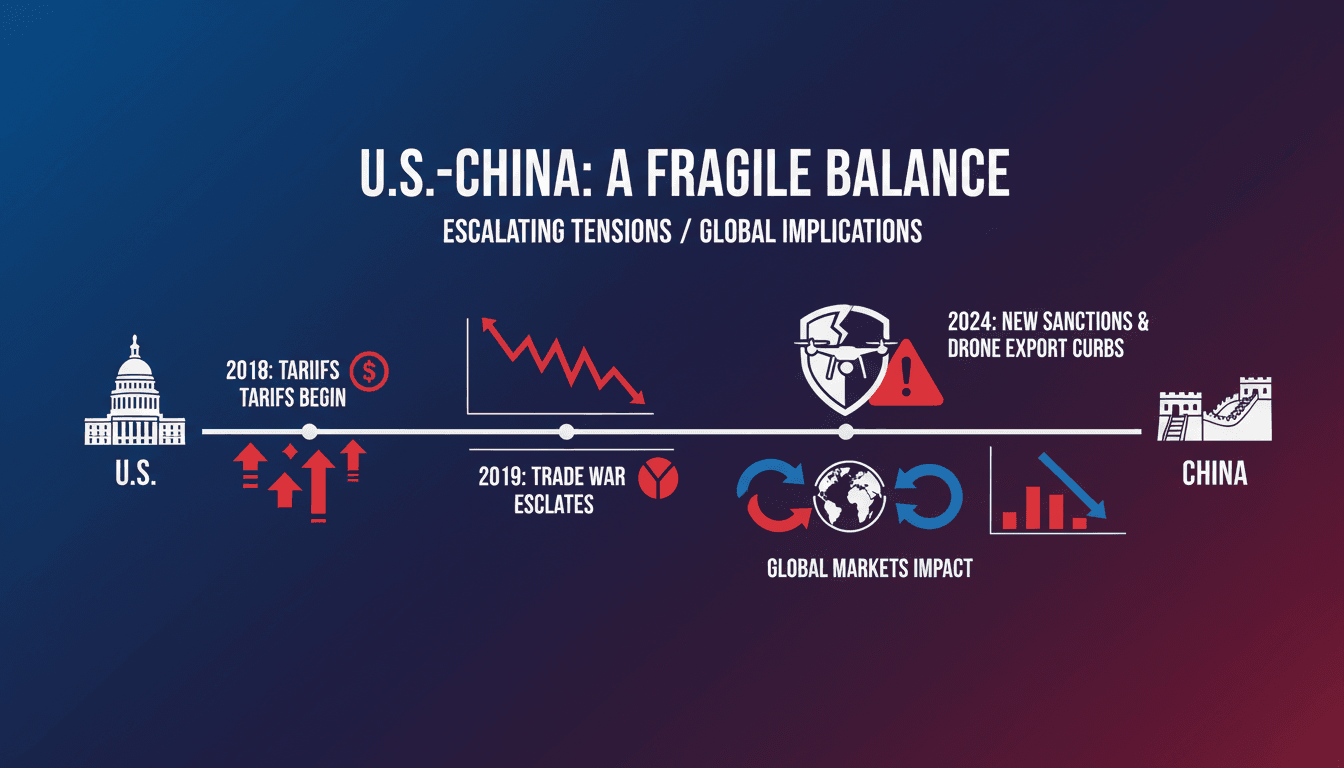 Illustration of trade tensions between China and the US with sanctions highlighted.