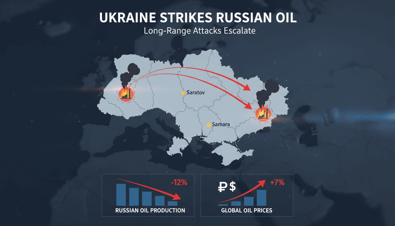 Ukrainian military strikes on Russian oil refineries depicted on a map.