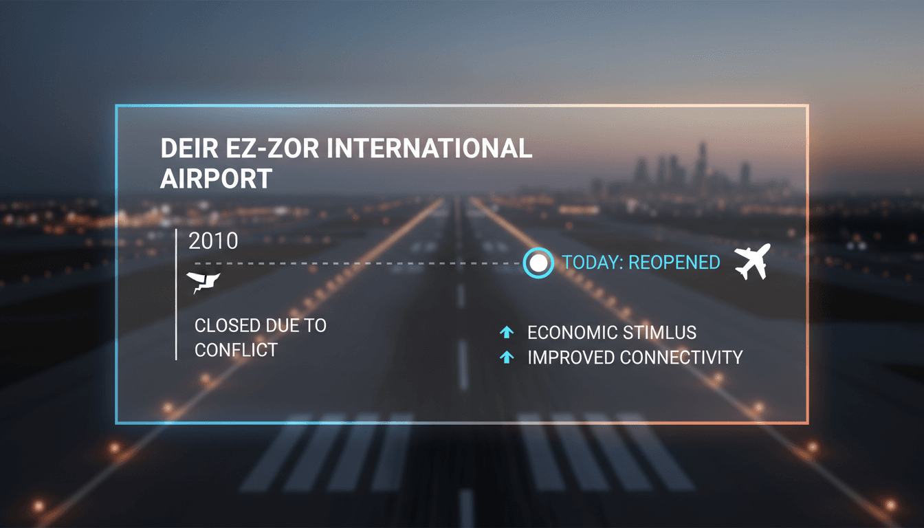Deir ez-Zor International Airport runway with aircraft ready for takeoff.