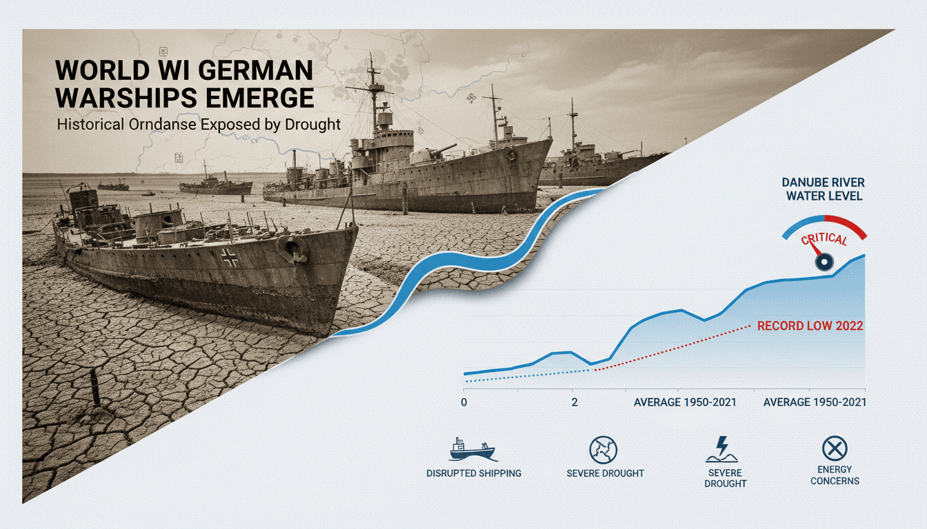 Sunken German warships resurfacing in the Danube River due to low water levels.
