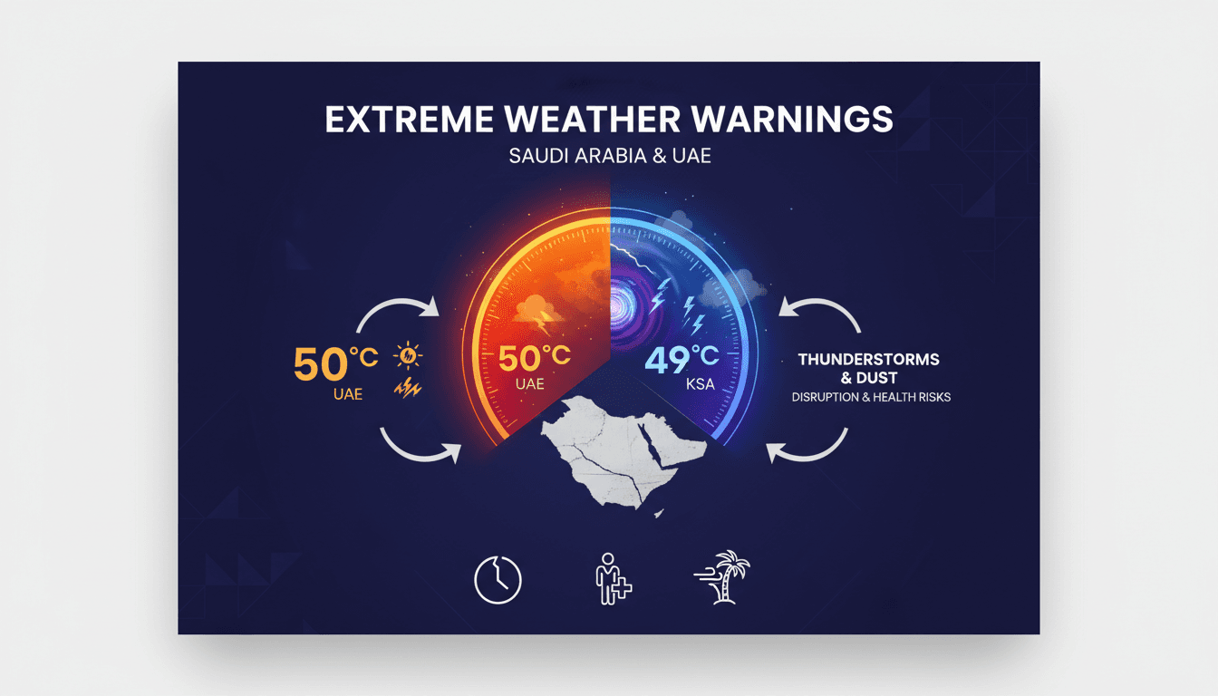A dramatic image depicting extreme weather conditions in Saudi Arabia and the UAE.