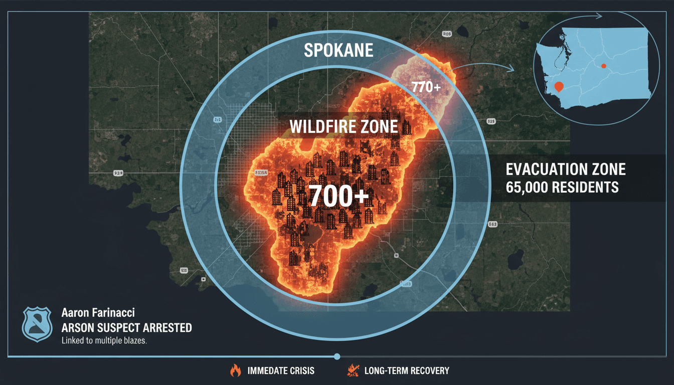 Firefighters battling the Spokane wildfire with smoke in the background.