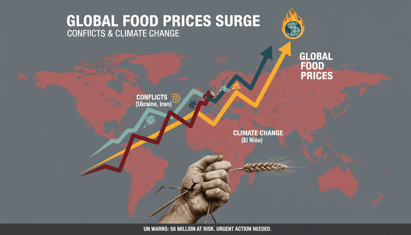 A graphic showing the rise in global food prices linked to climate change and geopolitical tensions.