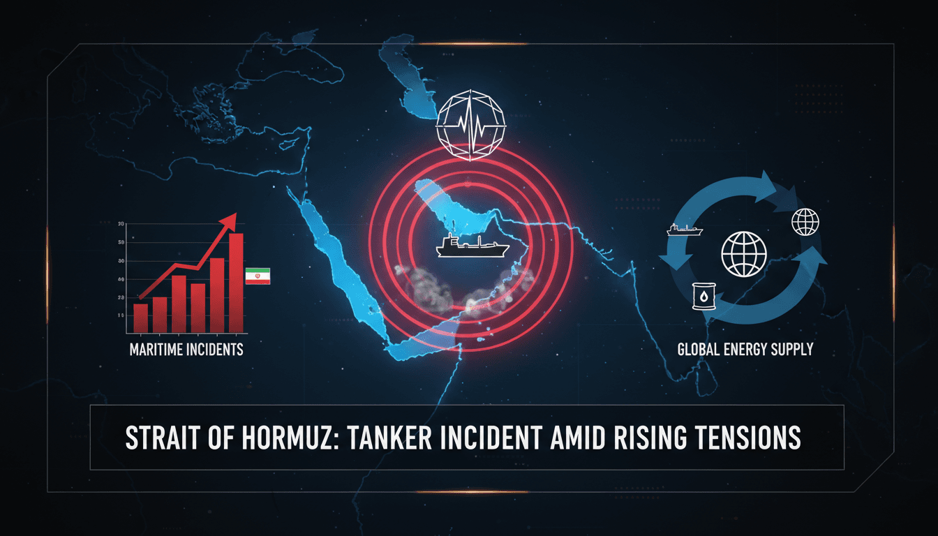 Tanker navigating the Strait of Hormuz with a focus on maritime security risks.