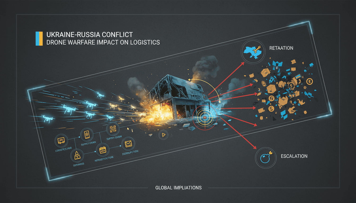 A drone strike on a logistics hub in Ukraine's ongoing conflict with Russia.