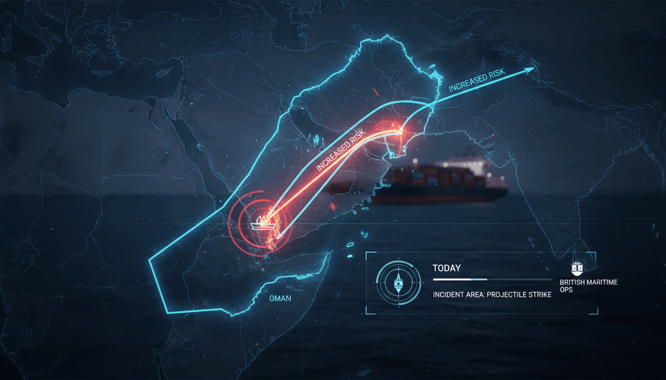 A ship navigating the Strait of Hormuz with a focus on maritime security concerns.