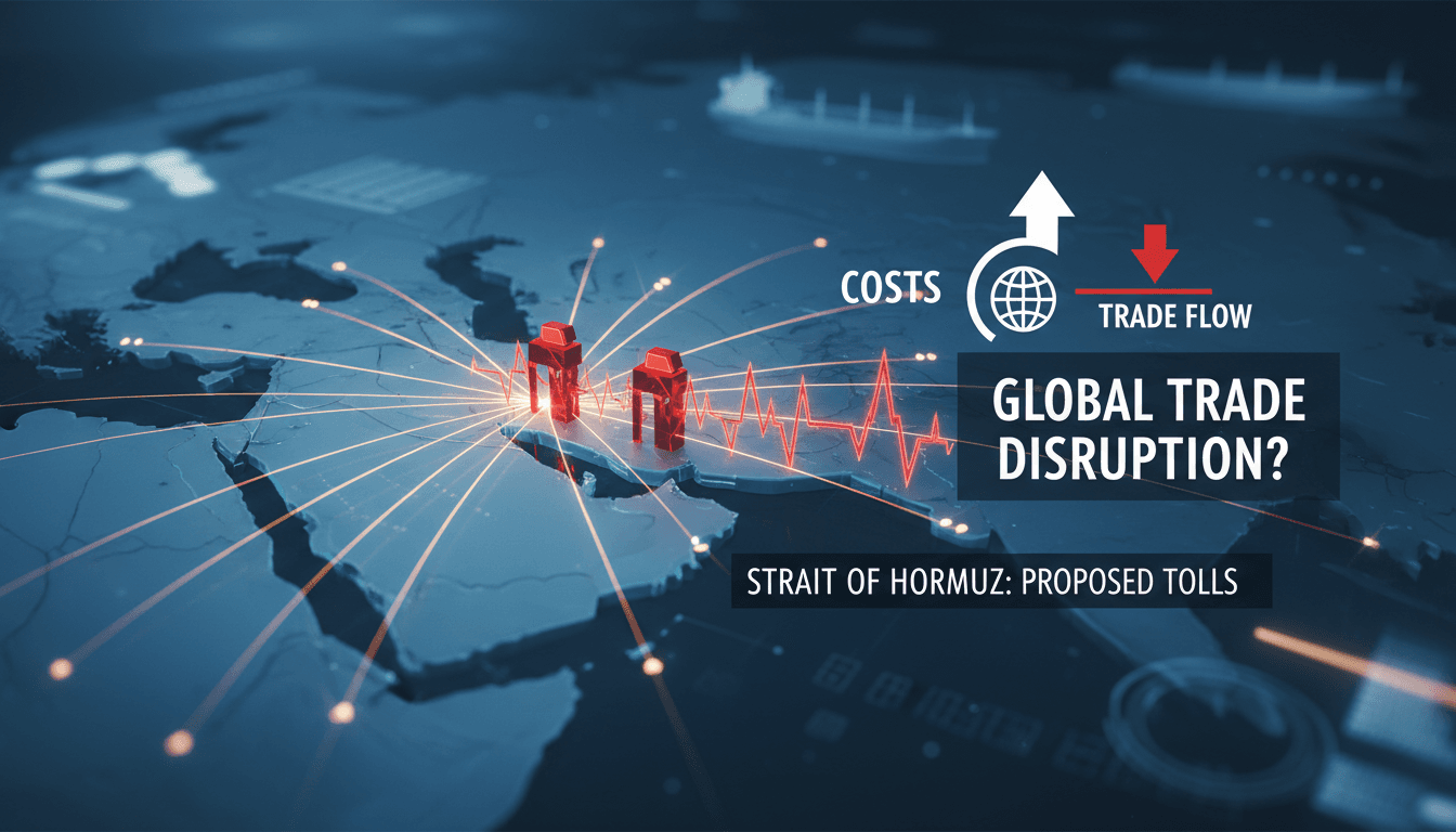 Shipping vessels navigating the Strait of Hormuz with a focus on potential toll implications.