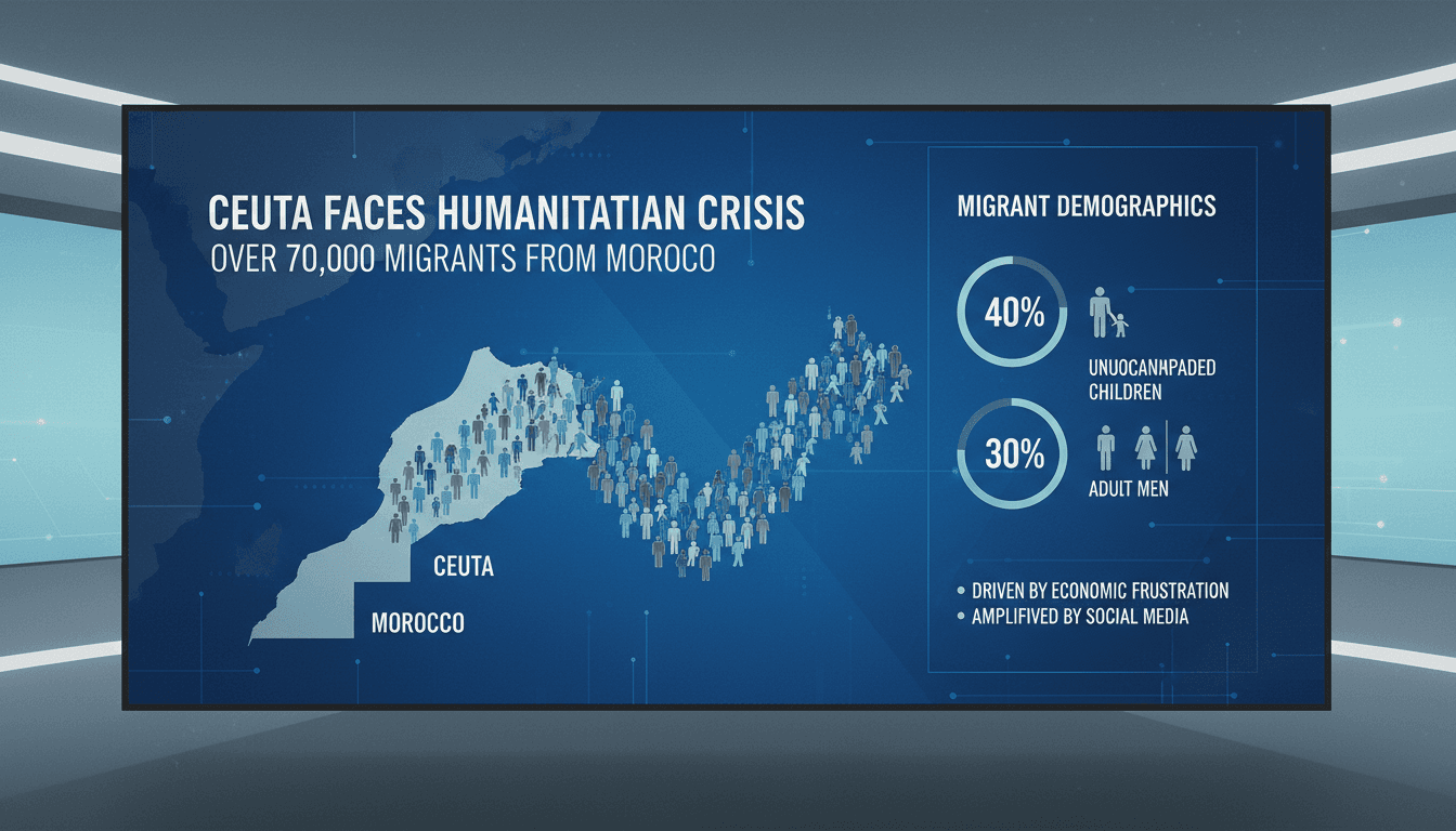 Migrants arriving in Ceuta from Morocco amidst a humanitarian crisis.