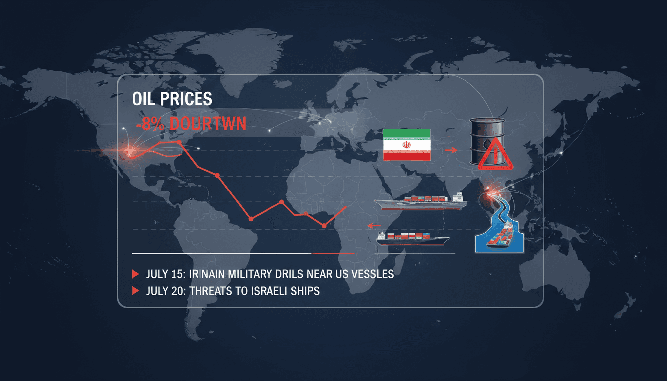Oil prices decline graphic with Strait of Hormuz map overlay