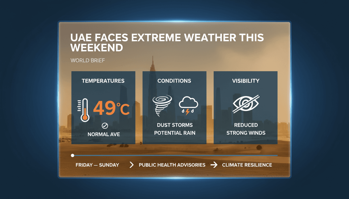 A dramatic sky over the UAE with dust storms and high temperatures.