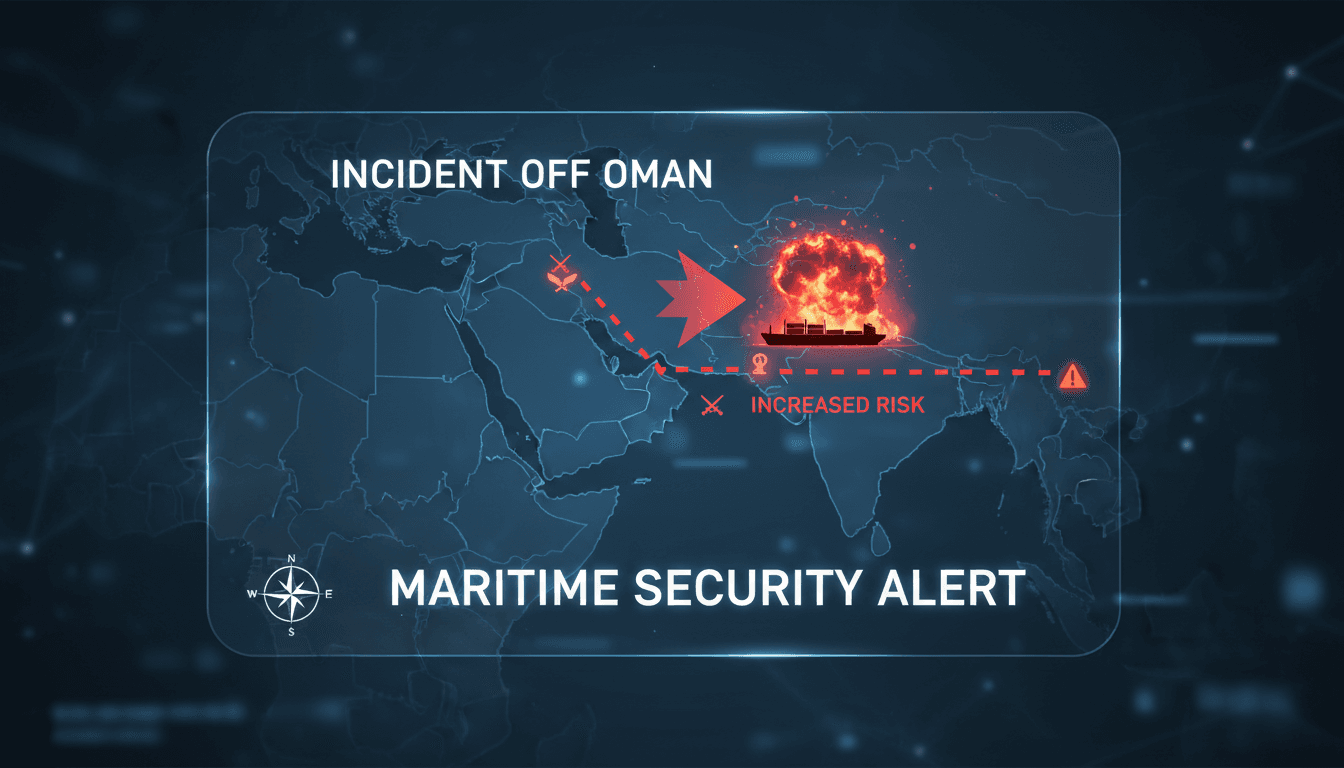 A ship in the Strait of Hormuz with a focus on maritime security issues.