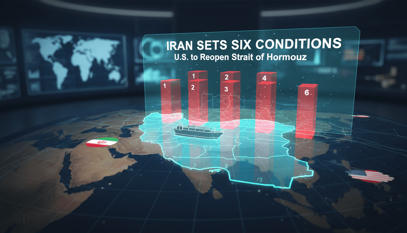 Map highlighting the strategic Strait of Hormuz and Iran's demands.