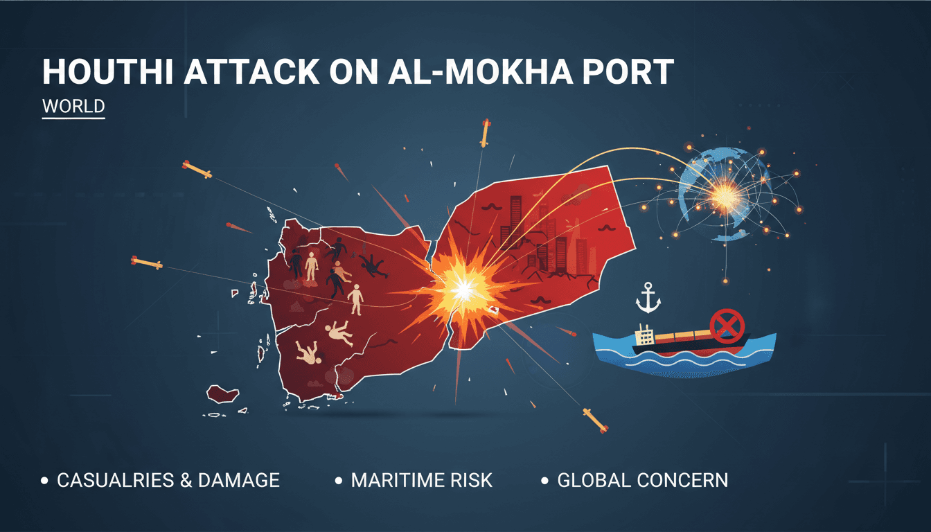 Houthi drone and missile attack on Al-Mokha port in Yemen