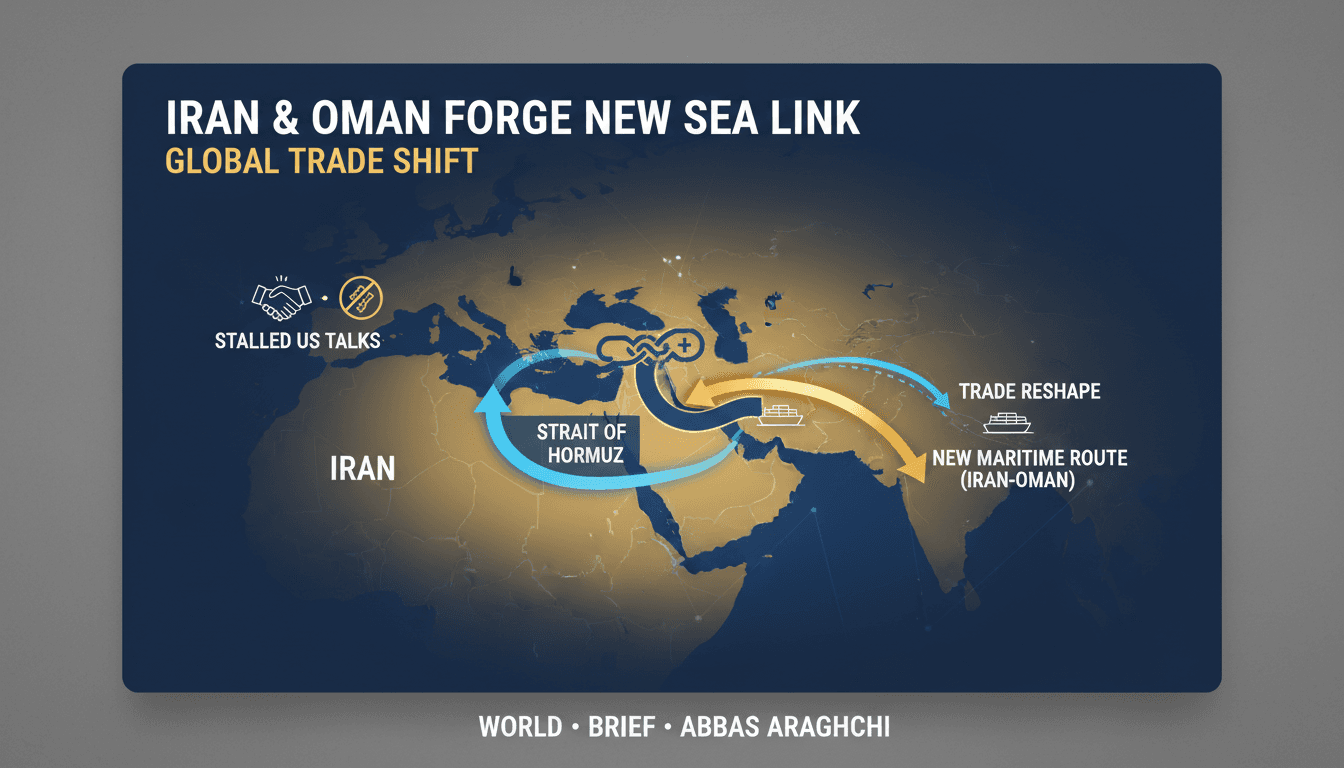 Map highlighting the Strait of Hormuz and new maritime route negotiations between Iran and Oman.