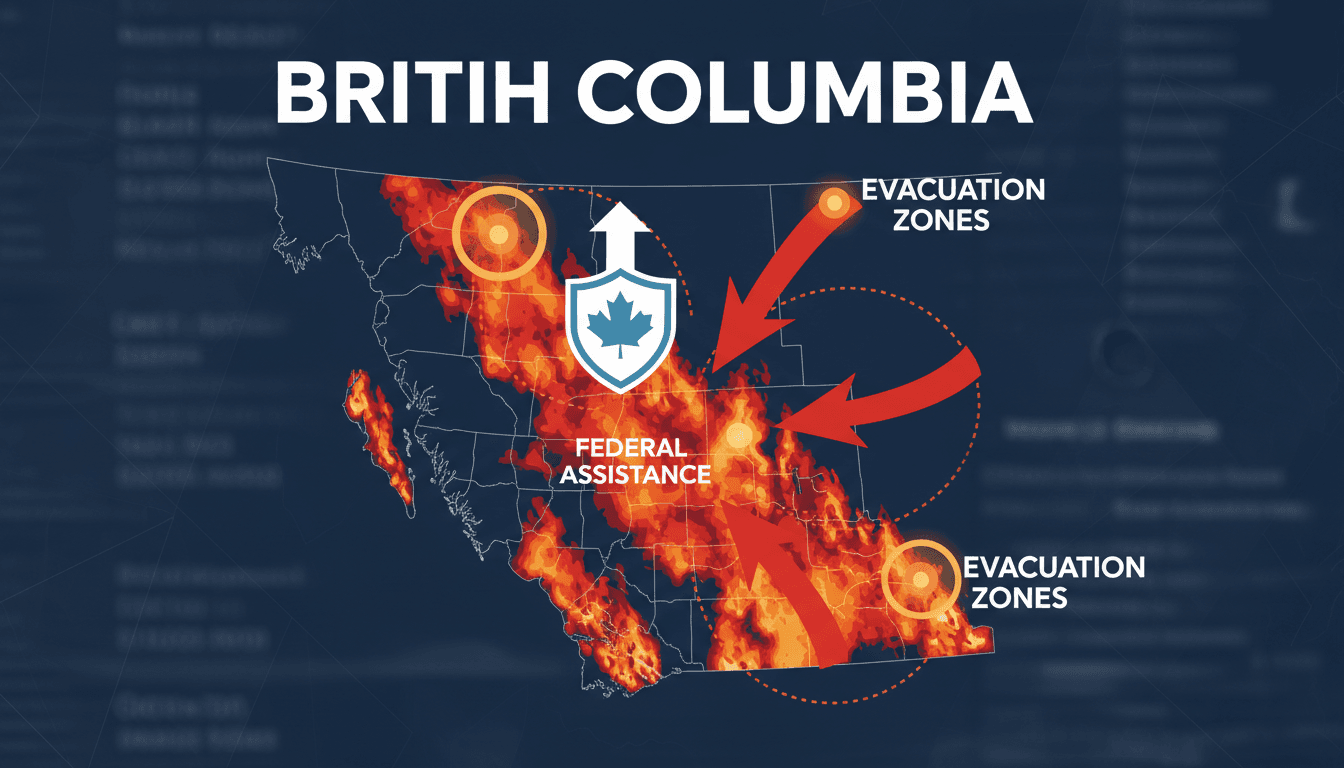 Aerial view of wildfires in British Columbia with smoke and evacuation zones