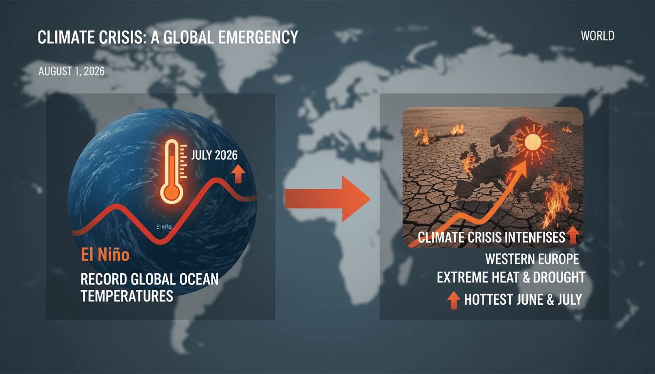 A graphic showing rising ocean temperatures and heat waves in Western Europe.