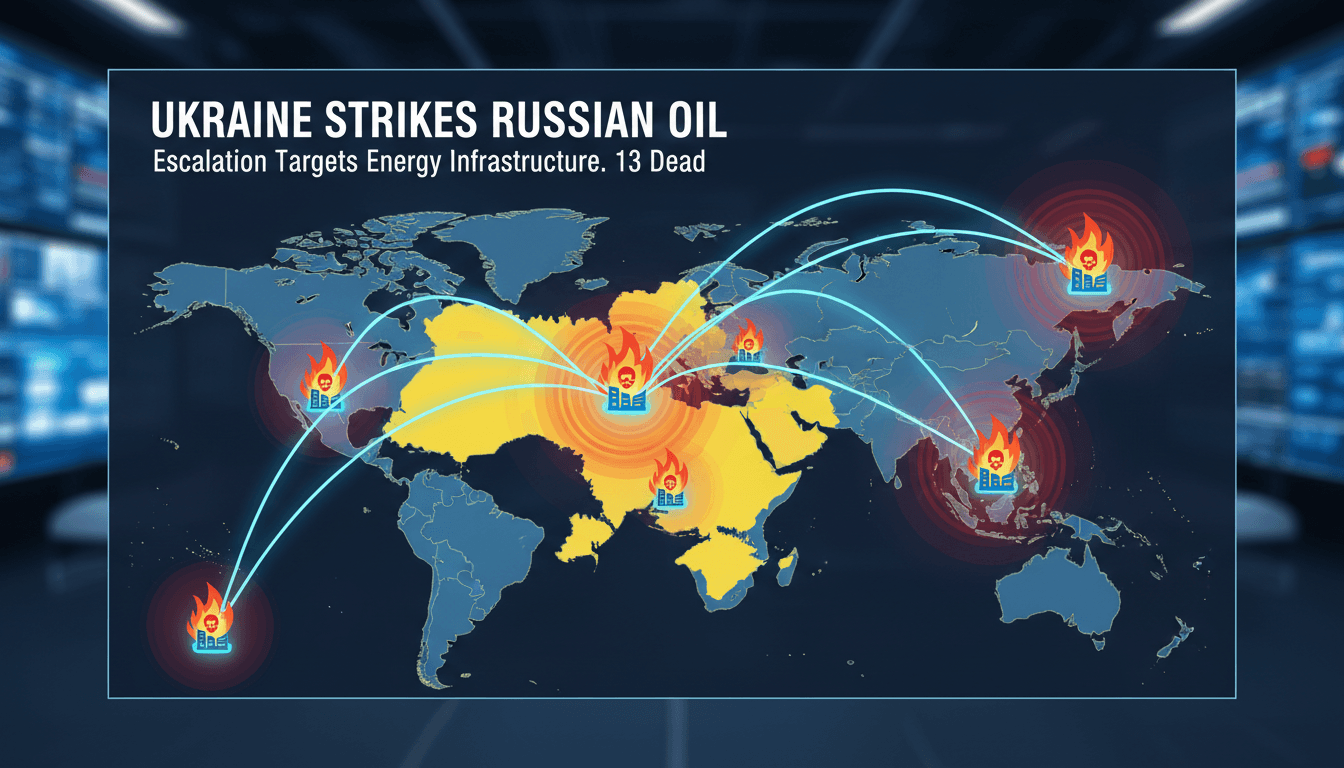 A drone strike on a Russian oil refinery illustrating the conflict escalation.