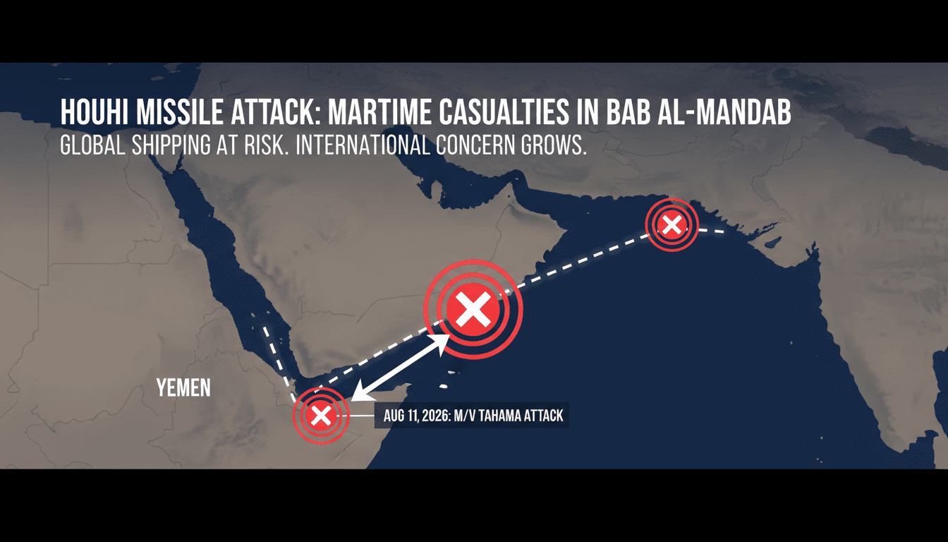 Houthi missile attack on Yemeni commercial ship 'Tahama' in Bab al-Mandab Strait.