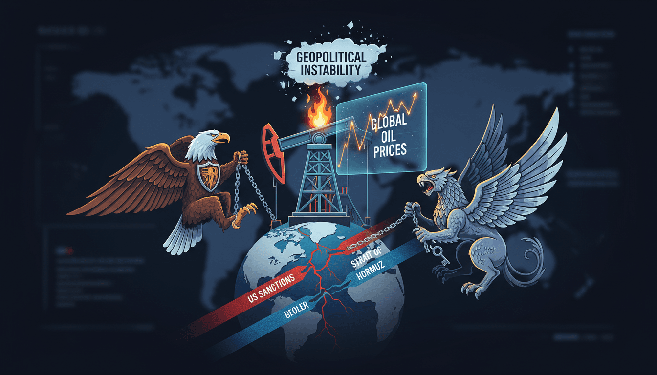 U.S. and Iran flags with oil barrels symbolizing market impact