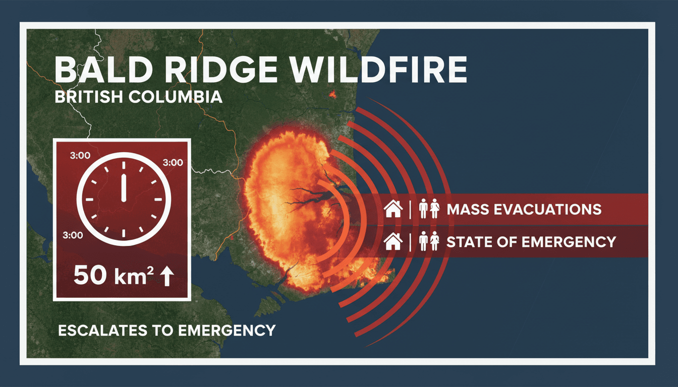 Aerial view of the Bald Ridge wildfire in British Columbia, showing smoke and evacuation zones.