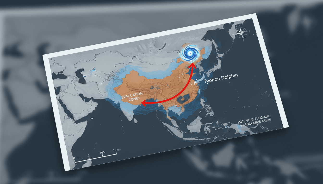 Typhoon Dolphin making landfall in China with evacuation efforts underway.