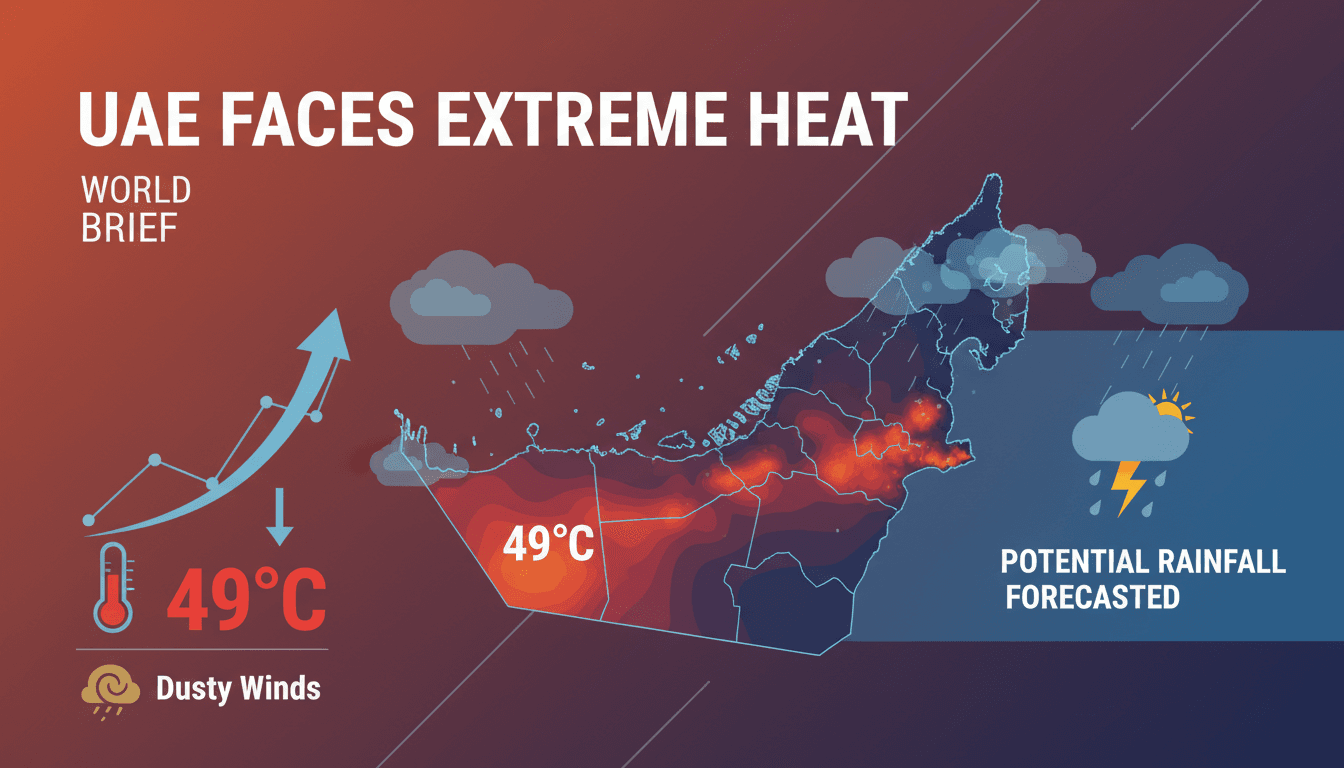 A graphic showing extreme heat temperatures and rainfall forecasts in the UAE.