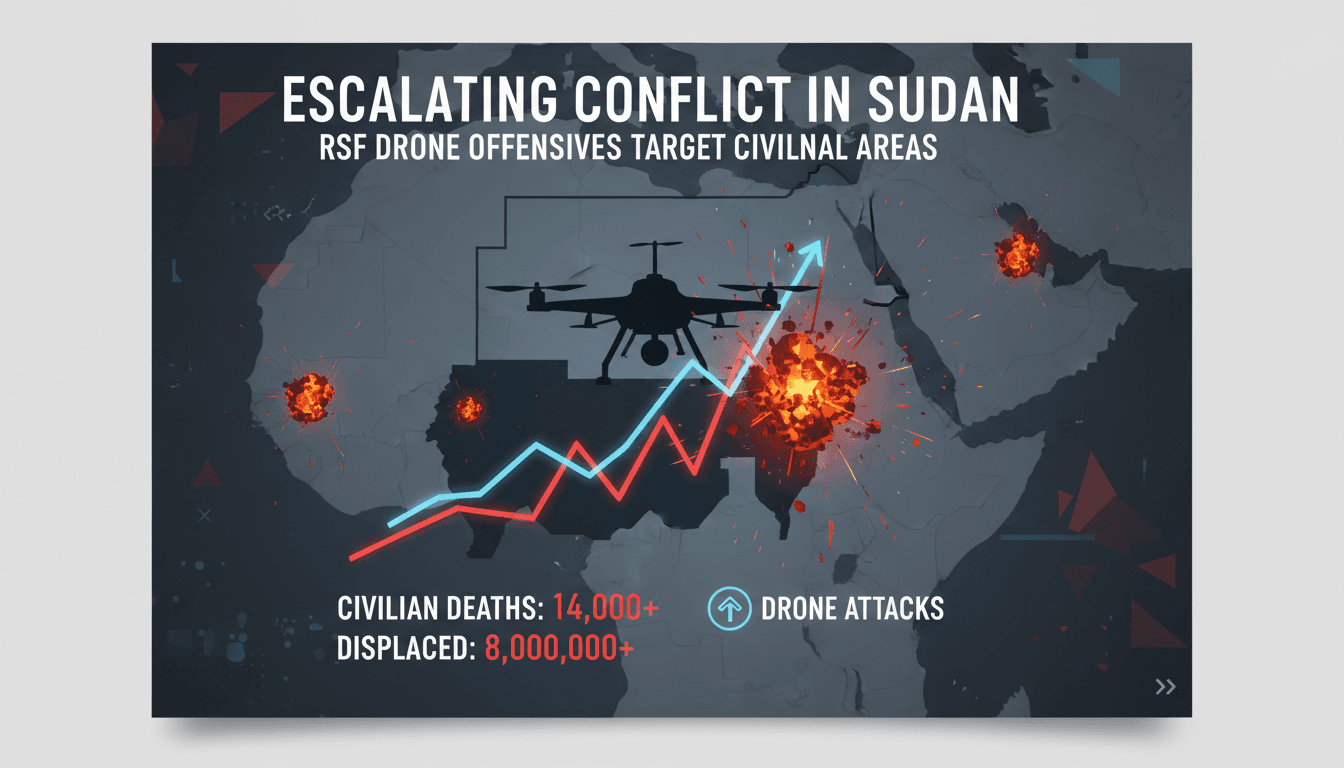 A drone flying over a conflict zone in Sudan, highlighting the humanitarian crisis.