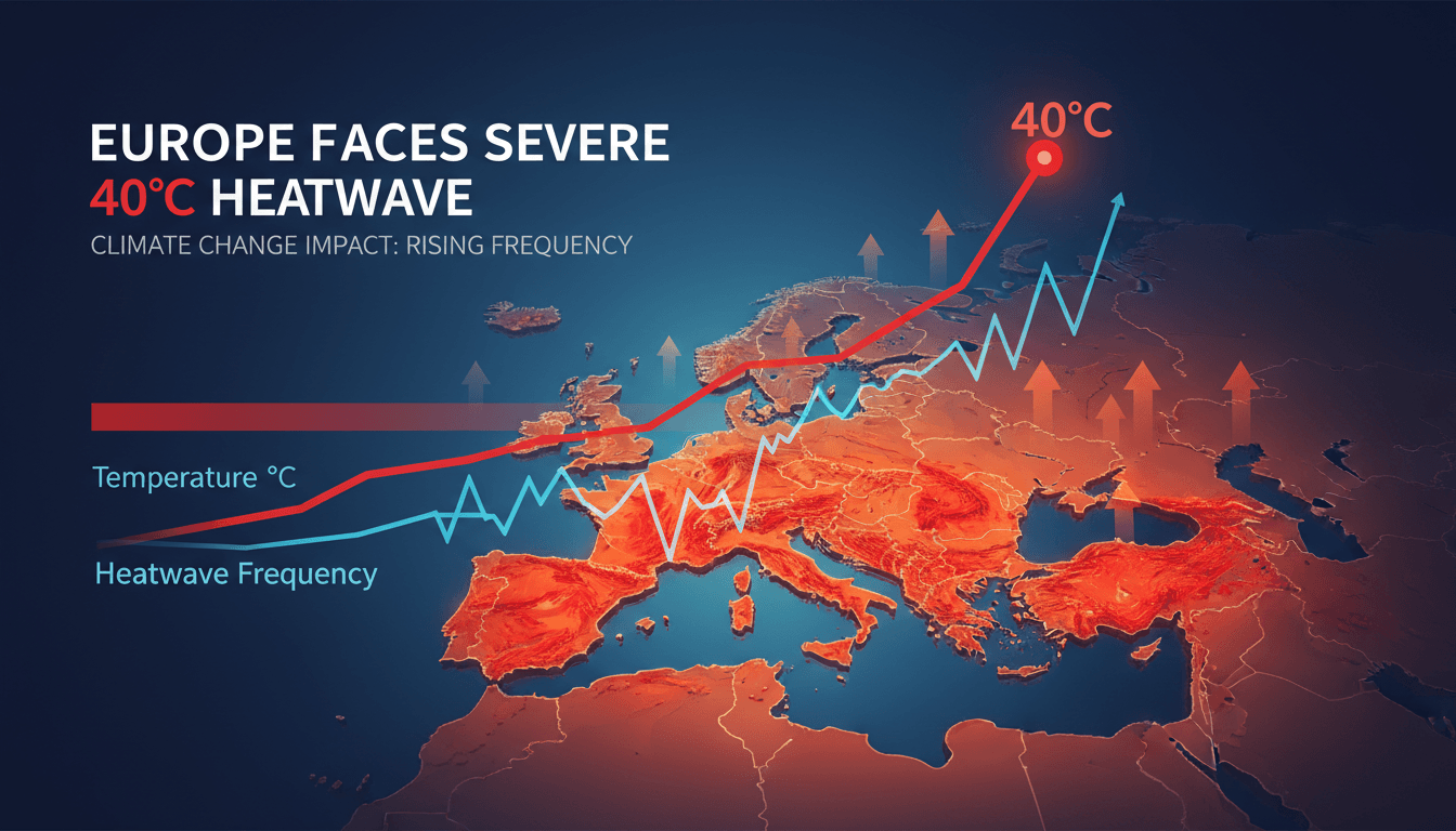 A map showing regions in Europe affected by the heatwave with temperature forecasts.