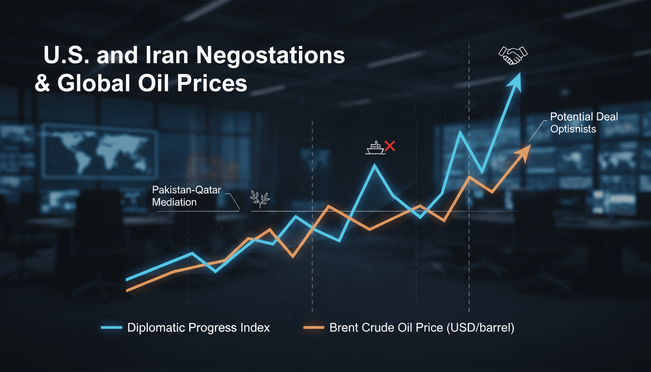 U.S. and Iran flags with oil barrels in the background