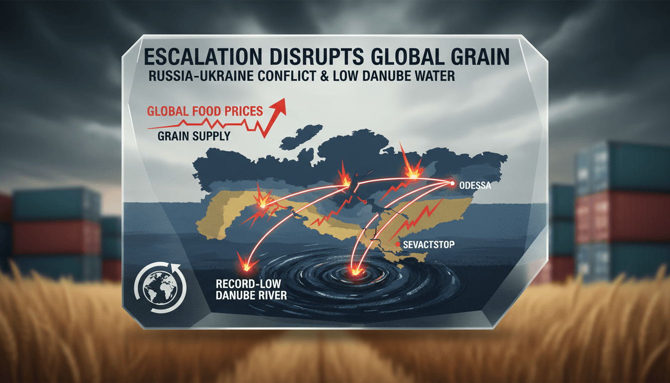 A map showing disrupted grain export routes in the Black Sea region due to the Russia-Ukraine conflict.