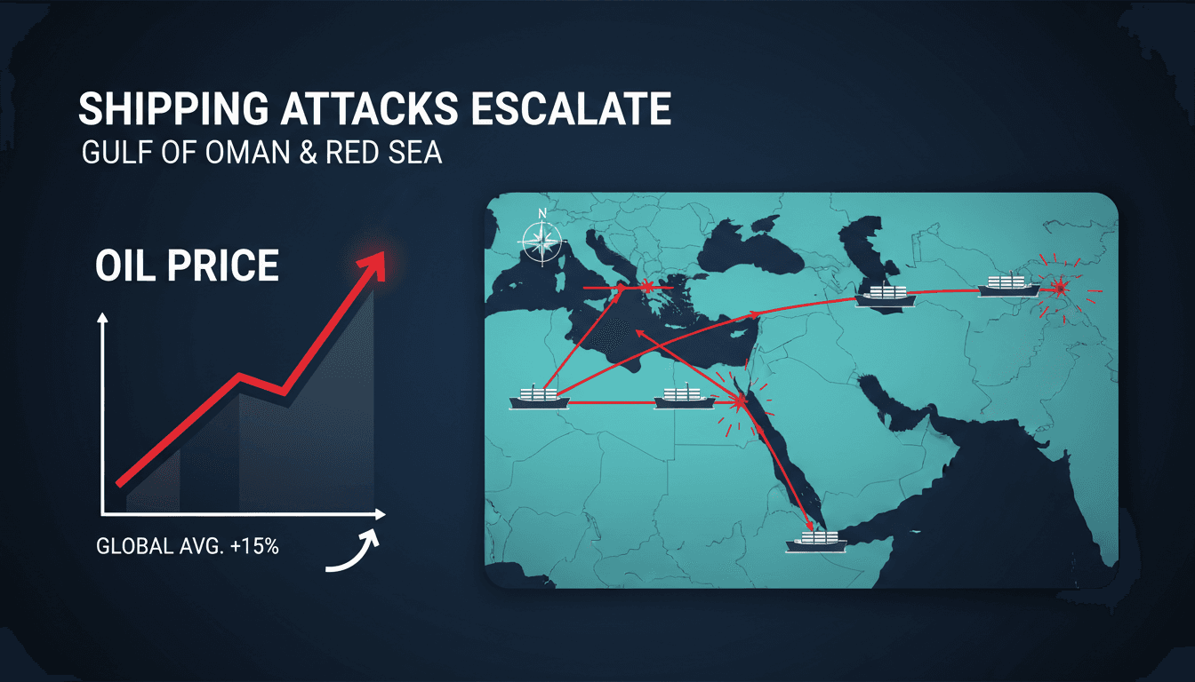 Map showing shipping routes in the Gulf of Oman and Red Sea with highlighted conflict zones.