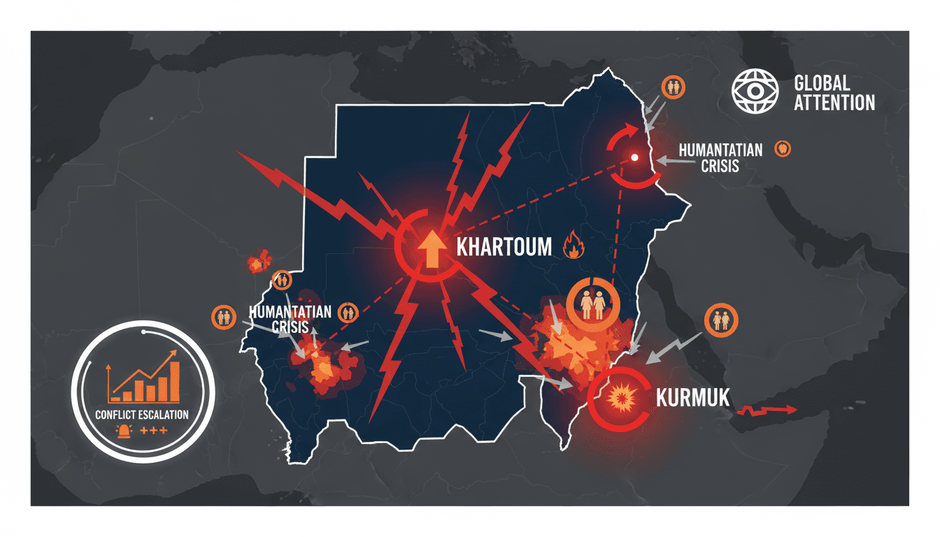 Map showing conflict zones in Sudan with RSF attack highlights.