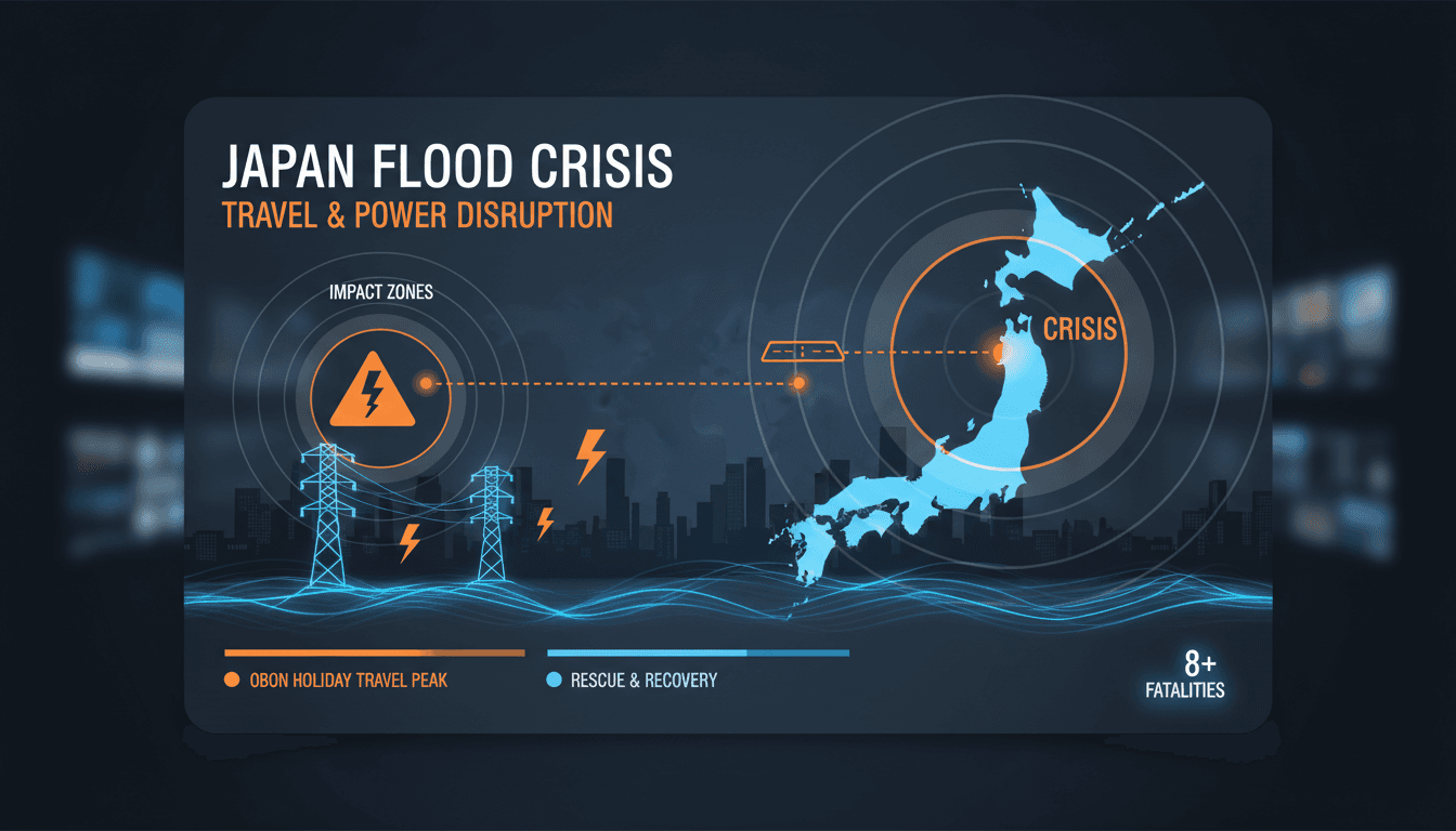 Aerial view of flooding in Japan affecting infrastructure and travel.