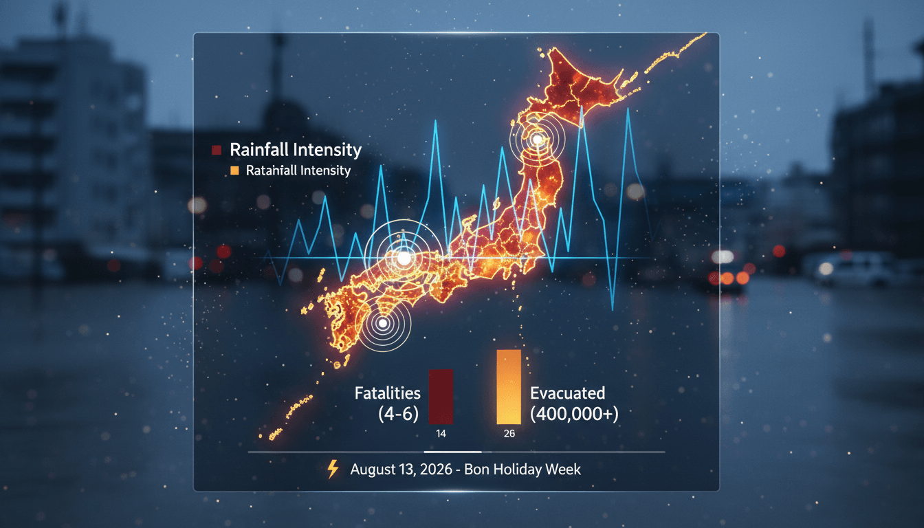 Aerial view of flooding in Japan affecting urban areas and infrastructure.