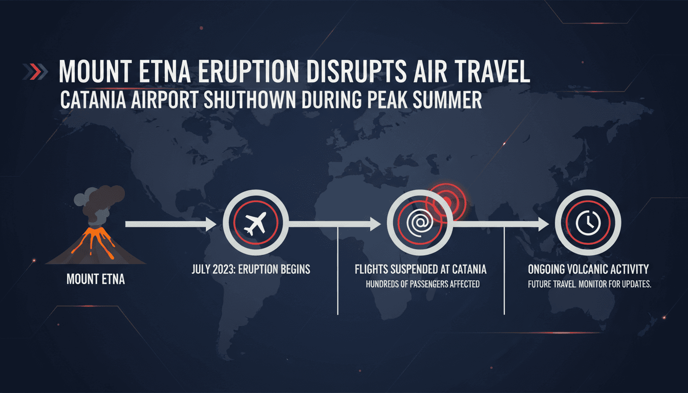 Eruption of Mount Etna with ash cloud affecting air travel.